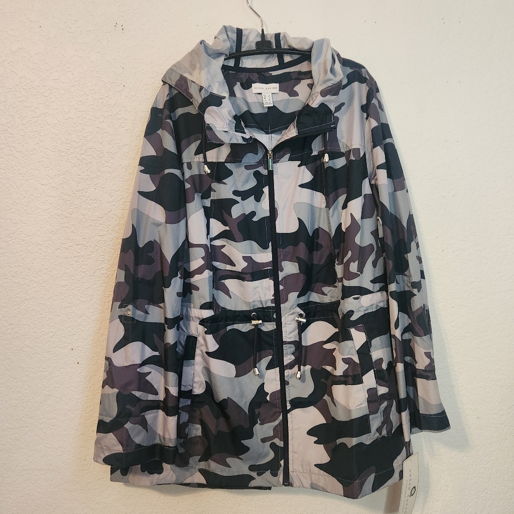 Susan Graver Camouflage Rain Packabke Hooded Jacket, Size L